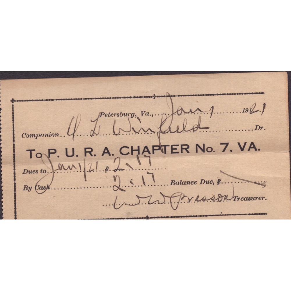 Antique 1921 P.U.R.A. Chapter No. 7 Petersburg VA Dues Receipt H.L. Winfield - Picture 1 of 2
